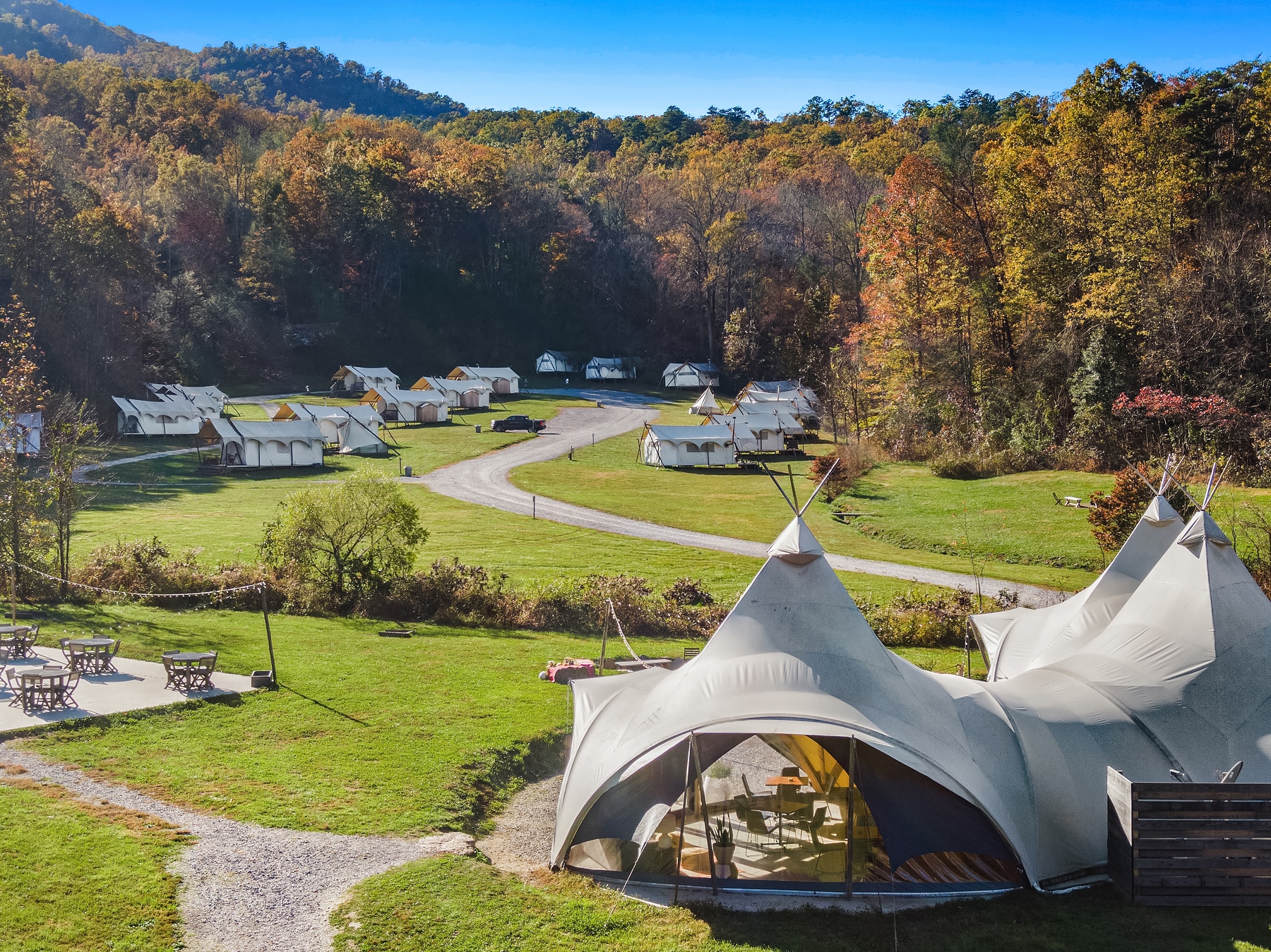 Aerial view of Under Canvas Great Smoky Mountains in the fall.